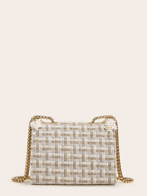 Faux Pearl Decor Tweed Chain Bag