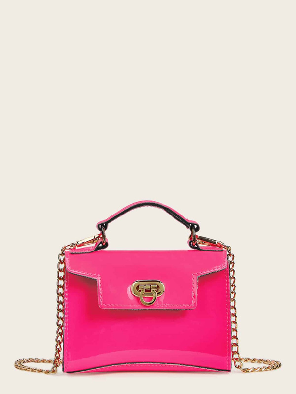 Neon Pink Metal Lock Chain Strap Satchel Bag