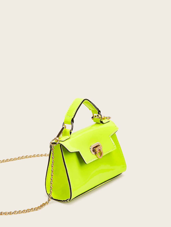 Neon Green Metal Lock Satchel Bag