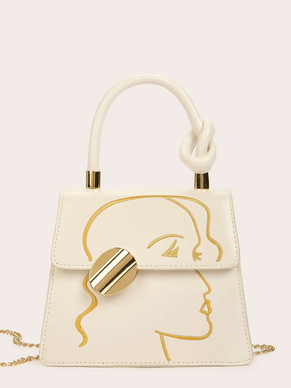 Knot Detail Face Embroidery Satchel Bag