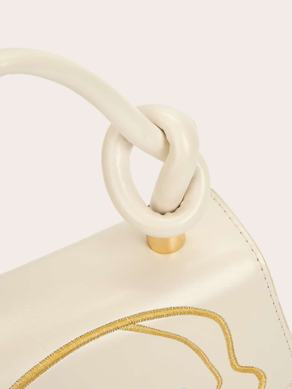 Knot Detail Face Embroidery Satchel Bag