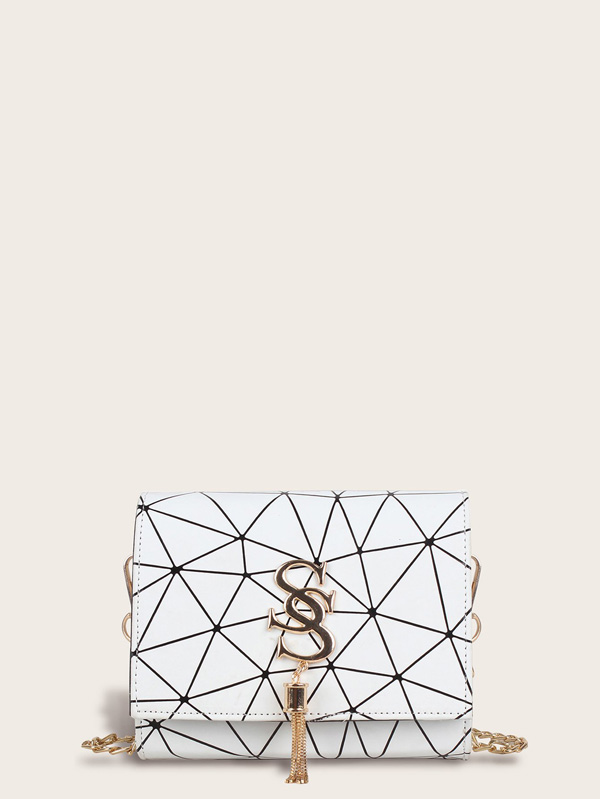 Metal Tassel Geometric Print Chain Bag