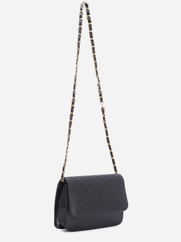 Black Faux Leather Quilted Flap Chain Bag